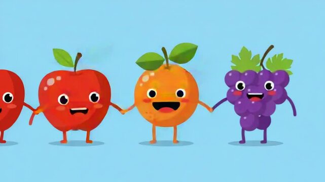 Cartoon fruits holding hands walking together on blue background friendly and colorful