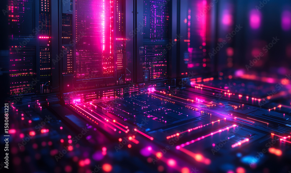 Aufkleber futuristic glowing microchip and circuit board with neon pink and blue light effects representing ad