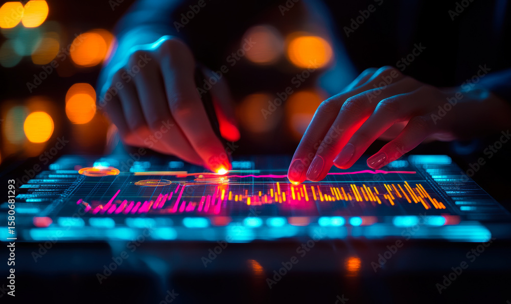 Poster close-up of hands interacting with futuristic digital touchscreen displaying colorful financial char