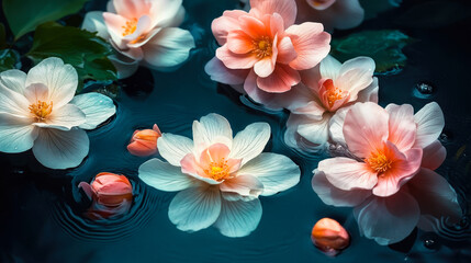 Soft pastel pink and white begonia flowers floating gently on dark water surface with delicate reflections and droplets in close-up floral still life composition