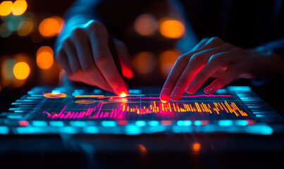Close-up of hands interacting with futuristic digital touchscreen displaying colorful financial charts and data analytics in dark environment with bokeh lights