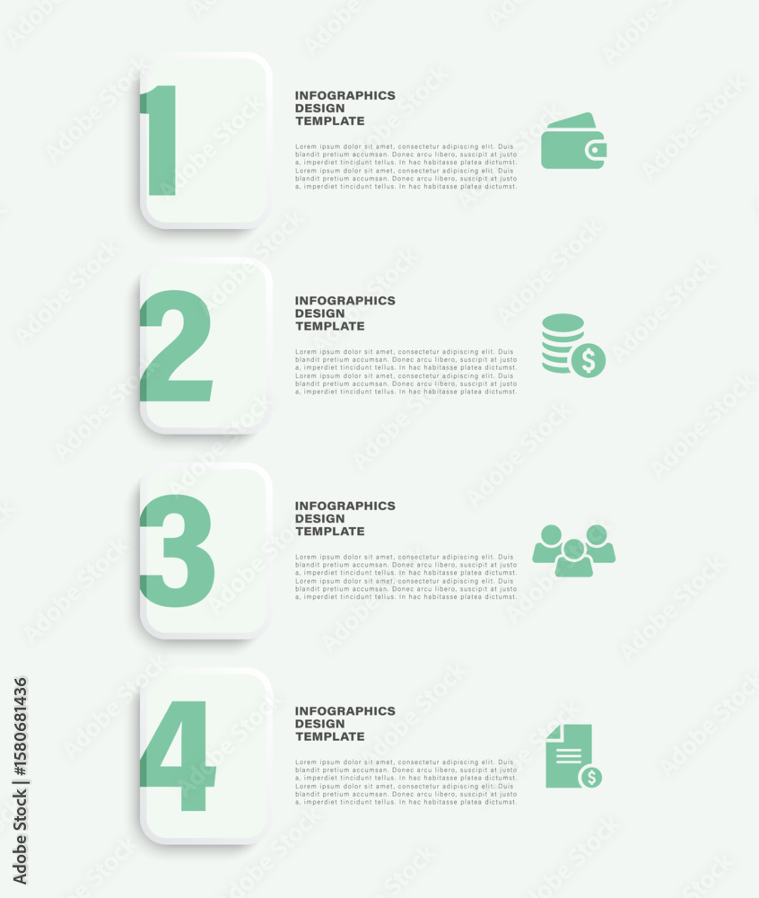 Poster 4 steps vertical vector 3d infographic design with icons and text. clean infographic layout for pres