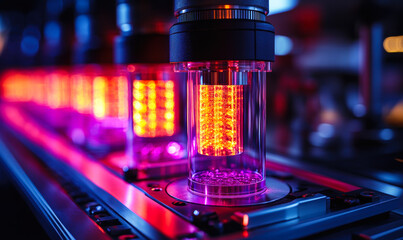 Close up of illuminated quantum computing hardware module with glowing red and purple lights in advanced laboratory environment for scientific research and technology development