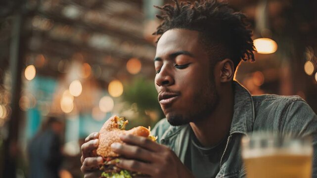 Man eating a burger at a restaurant terrace in a city.