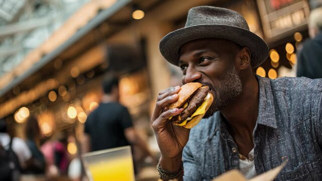 Man eating a burger in a restaurant 