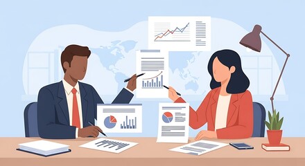 Two business professionals collaborating on financial data, reviewing graphs and charts in a meeting room setting.