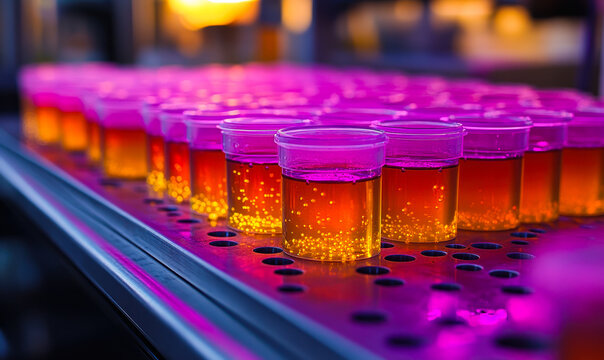 Close up of scientific laboratory test tubes filled with amber liquid and suspended particles under purple lighting on metal rack for experimental analysis or quality control testing