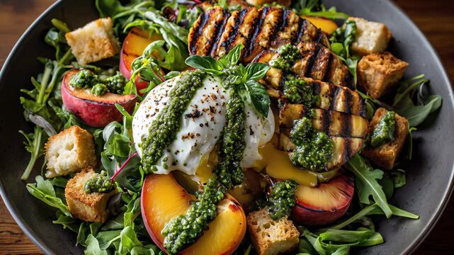 Gourmet salad with burrata, grilled eggplant, peach, croutons and arugula
