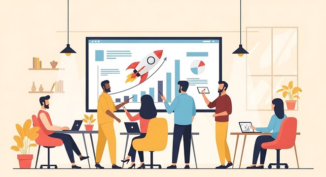 A diverse team collaborates around a screen displaying a successful business launch.