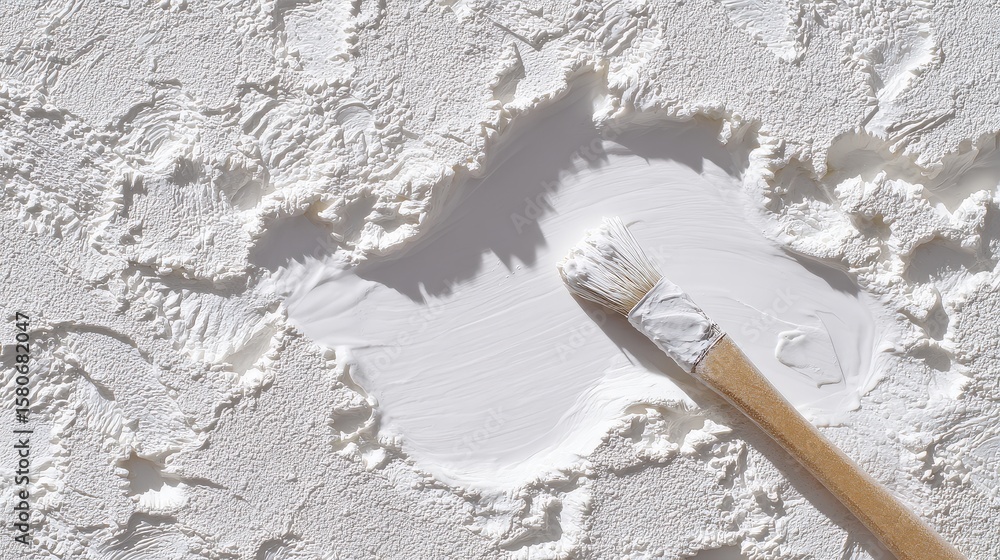 Poster a paintbrush spreads smooth, white paint over a textured surface, creating a contrast between rough 