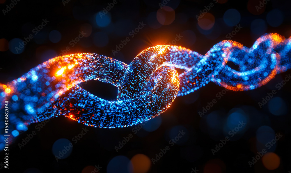 Poster digital blockchain chain link glowing with blue and orange data particles representing secure and tr