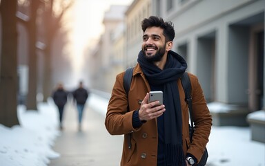 Young indian travel man making phone call walking on the street holding bag at winter time - Handsome bangladeshi guy looking up using mobile smiling outdoors  - Communication concept with copy space