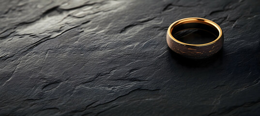 Wedding ring close-up featuring shiny gold band and deep dark onyx stone set against a soft minimalist black background in striking macro photography

