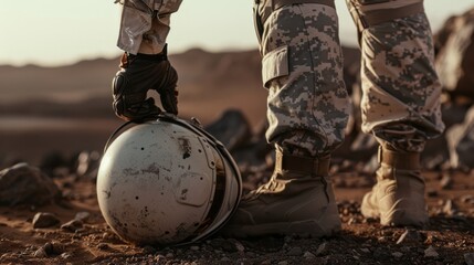 Soldier Stands on Arid Landscape with Astronaut Helmet Resting on Ground Under Gloved Hand, Conveying Space Exploration and Military Themes