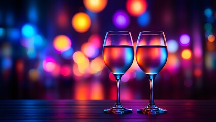 Two Glasses of Water with Blurred Neon Lights Background - Celebration, Party, Toast