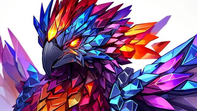 Colorful Digital Dragon with Glowing Crystals and Fiery Eyes in Fantasy Style Animation