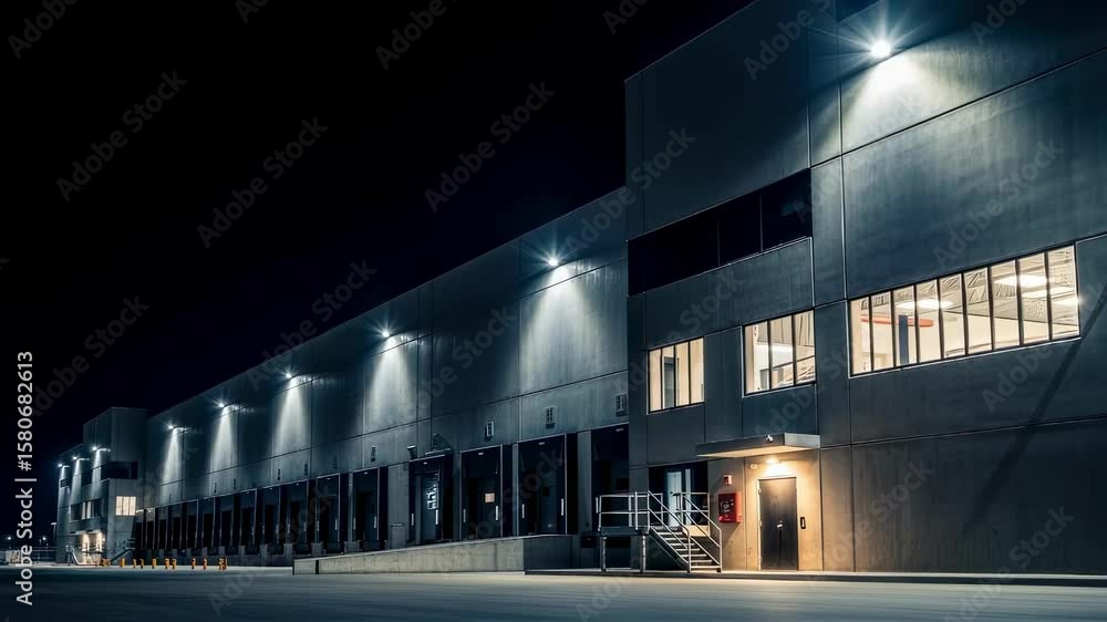 Poster powerful spotlights illuminate the loading docks of a large distribution center at night, creating a