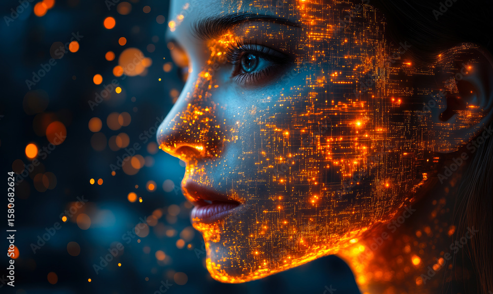 Aufkleber futuristic woman face glowing with digital orange circuit patterns and data visualization in dark bl