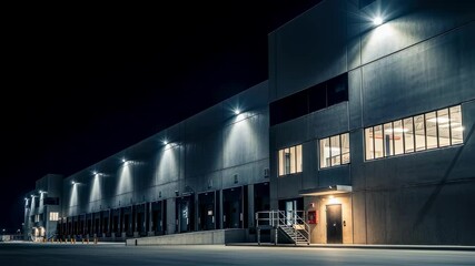 Powerful spotlights illuminate the loading docks of a large distribution center at night, creating a sense of activity and industry even in the darkness