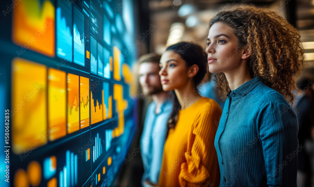 Aufkleber focused diverse group analyzing colorful digital financial graphs on large display in modern busines