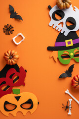 Vibrant vertical Halloween-themed composition featuring festive masks, pumpkins, bats, and spiderwebs on an orange backdrop creating a lively holiday atmosphere