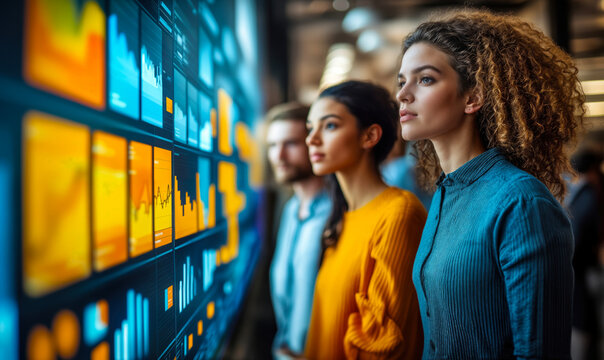 Focused diverse group analyzing colorful digital financial graphs on large display in modern business office environment