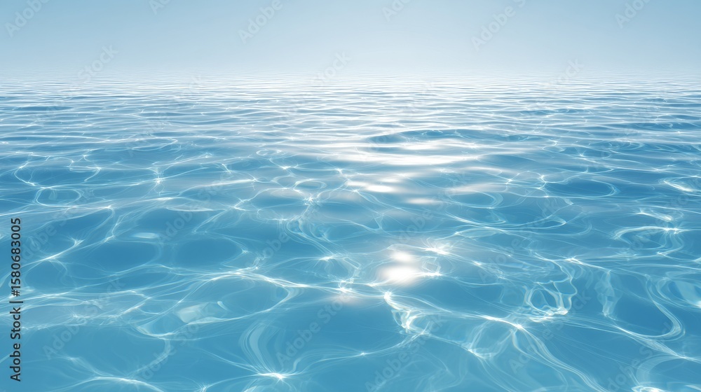 Poster realistic clear blue water surface with gentle ripples and soft sunlight reflections viewed from abo