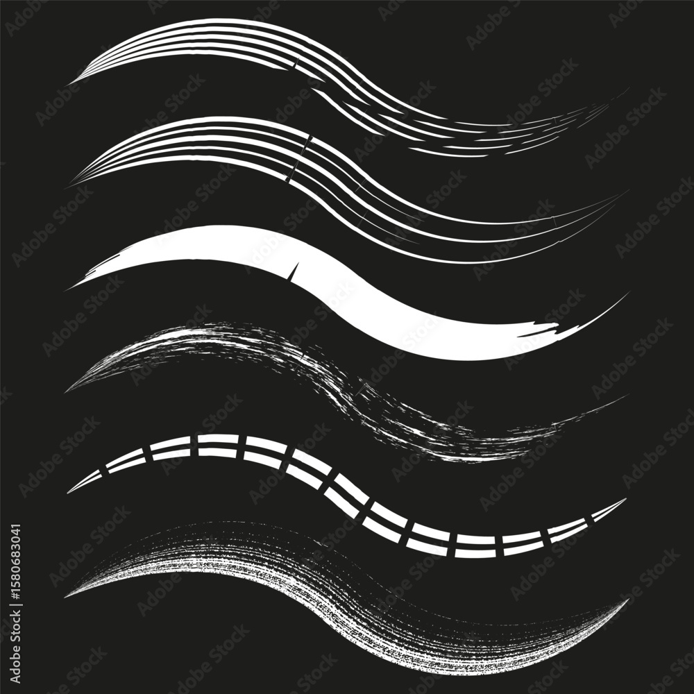 Poster white wave strokes. dynamic brush curves. abstract motion vector. black backdrop.