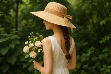 Woman in Straw Hat Holding Flowers in a Green Garden Side View Portrait