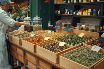 A traditional Chinese medicine shop, filled with wooden drawers labeled with exotic herbs. An elderly practitioner prepares a medicinal tea blend for a customer