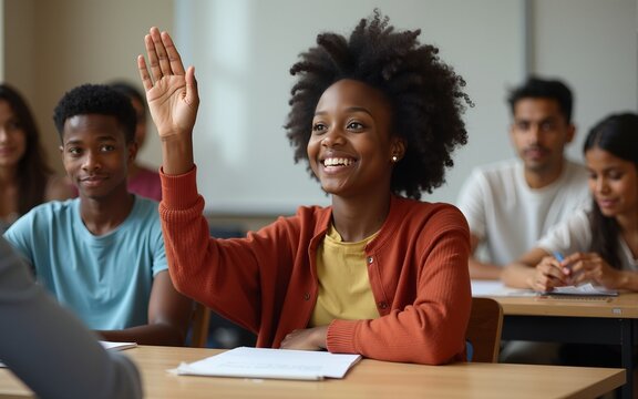 Young immigrant Black student attending language classes sitting at table raising hanf to ask teacher question. High quality