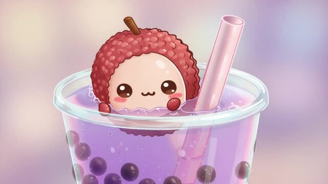Adorable Lychee Character Enjoying Boba Tea - Cartoon Style Drink Illustration