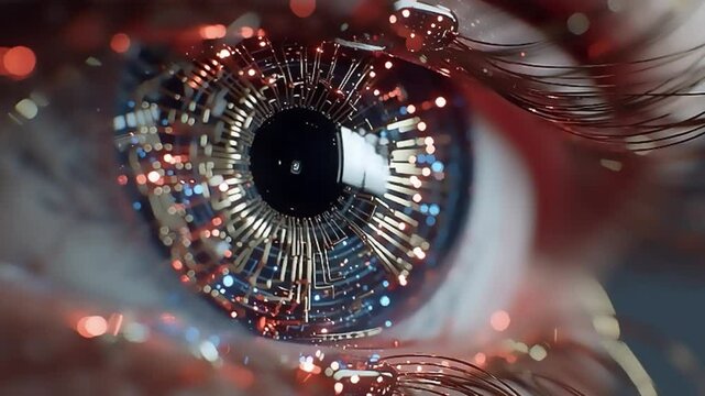 Close up of a bionic eye shows intricate digital circuitry and future tech innovation.