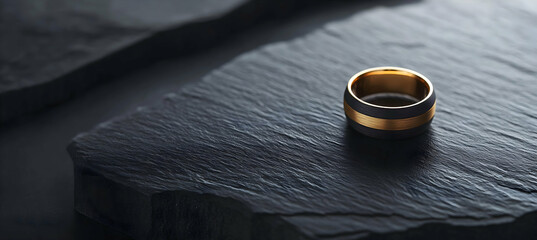 Dark onyx stone wedding ring with shiny gold band captured in crisp macro close-up on a clean minimalist black background with modern sharpness

