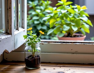 the image presents a serene indoor setting where a small plant with delicate yellow flowers is housed within a glass mason jar