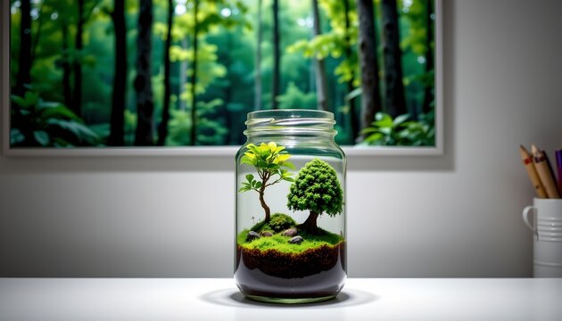 the image presents a tranquil forest scene captured within a glass jar that has been repurposed as an indoor garden, the jar is placed on a white surface