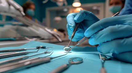Close up of dental instruments held by a dentist with protective gloves in a bright surgery setting ready for use
