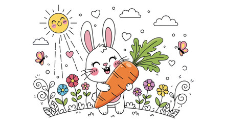 Happy White Bunny Holding Large Orange Carrot in Colorful Flower Garden with Smiling Sun
