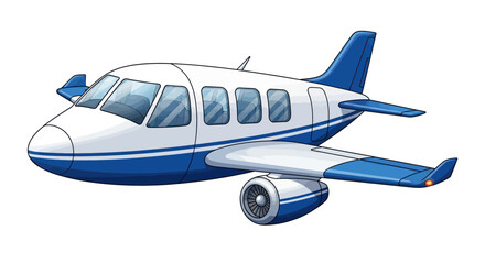 Small White and Blue Private Jet Airplane Flying on White Background
