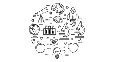 Science Education Icons Black Outline Set on White Background
