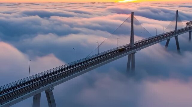 Bridge over clouds at sunrise with road transportation landscape.