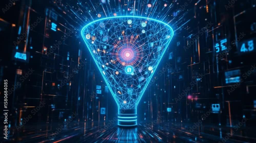Poster the concept of big data technology and information funnels. large digital funnels with online data a