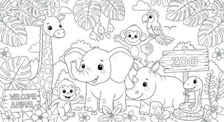 Cartoon Baby Elephant Giraffe Rhino Monkey Parrot and Snake in Jungle Setting for Kids Coloring
