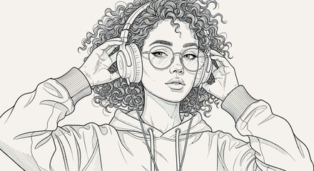 Young Woman with Curly Hair Wearing Glasses and Headphones Listening to Music
