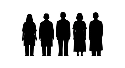 Silhouettes of Diverse People Standing in Row on White Background
