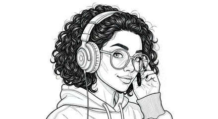 Young Woman Wearing Glasses and Headphones Listening to Music with Curly Hair in Casual Hoodie
