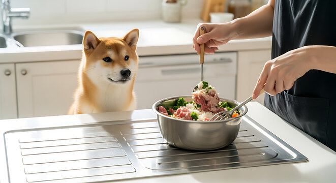 Shiba Inu dog watches a person preparing food in a bright kitchen.