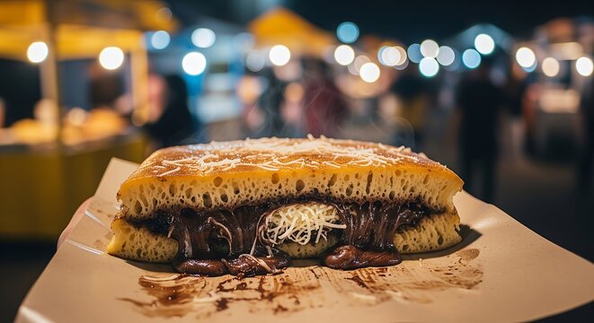 POV Holding Sweet Martabak Slice with Chocolate and Cheese Filling