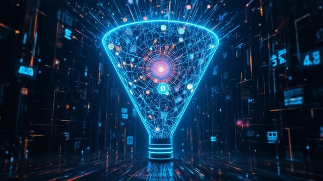 The concept of big data technology and information funnels. Large digital funnels with online data as the process of data collection, analysis, and transformation. 4k video