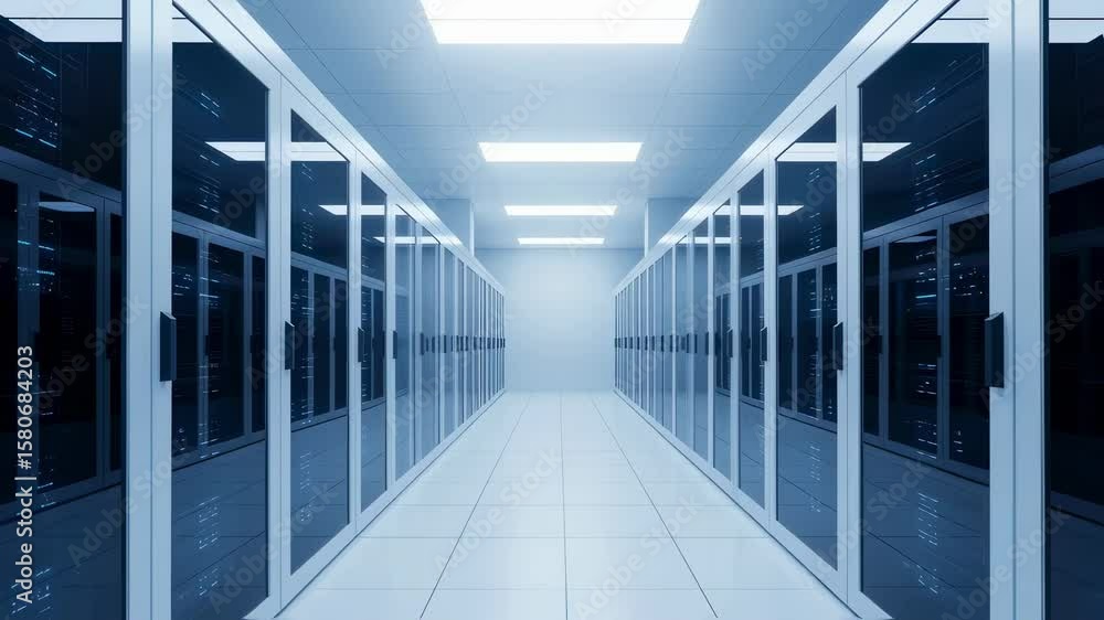 Aufkleber network servers corridor in a data center with blinking lights, slightly changing from frame to fram